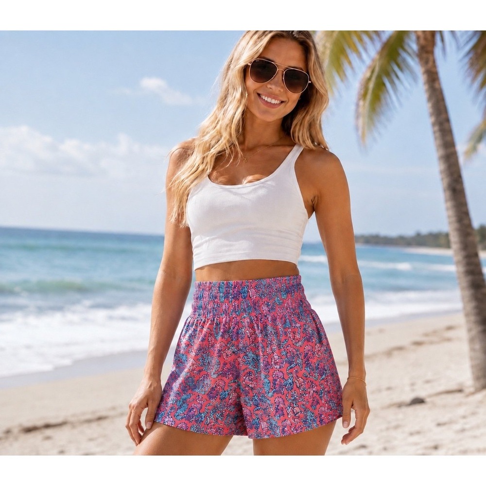 Simply Southern Women's L Seahorse Coral Print Pull On Shorts Coastal